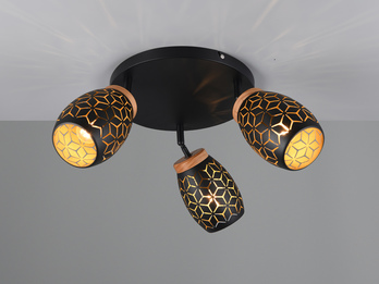 Deckenstrahler Schwarz Gold 3-flammig mit Dekorstanzung Ø 58cm, inkl. E27 LED