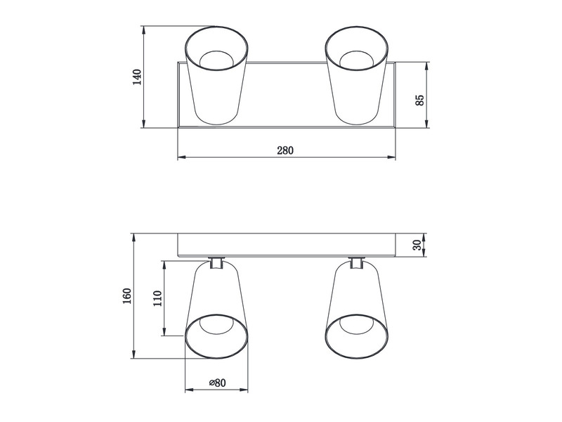 Wandstrahler & Deckenstrahler SHARP Schwarz Gold 2flammig, 28cm kurz