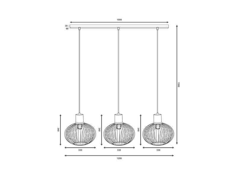 Pendelleuchte GILA 3-flammig mit Gitter Lampenschirmen Schwarz, Breite 120cm