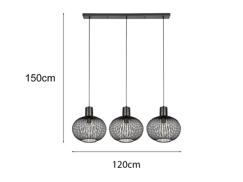 LED Pendelleuchte 3-flammig mit Gitter Lampenschirmen Schwarz, Breite 120cm