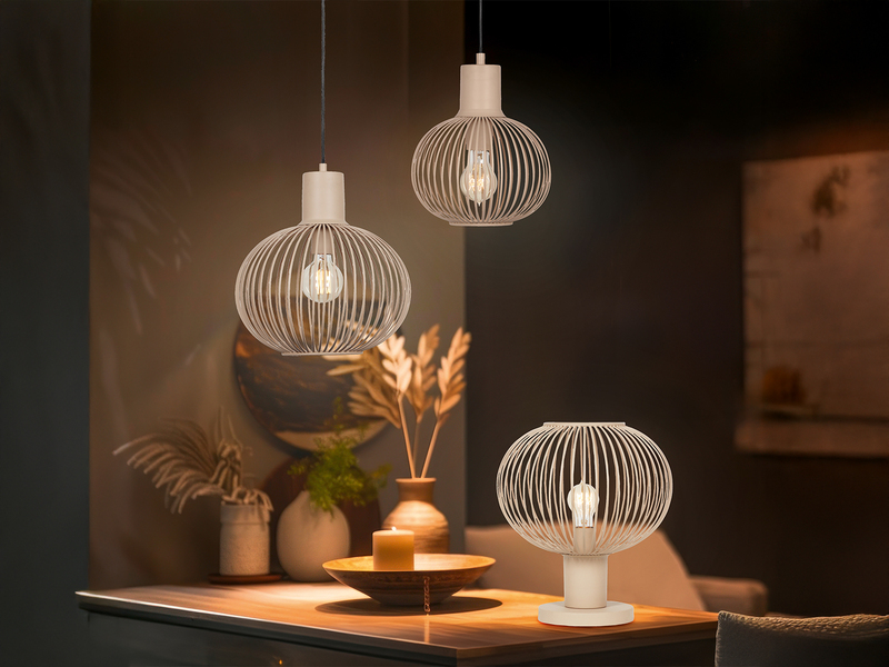 LED Tischleuchte mit Gitter Lampenschirm Beige, Höhe 28cm