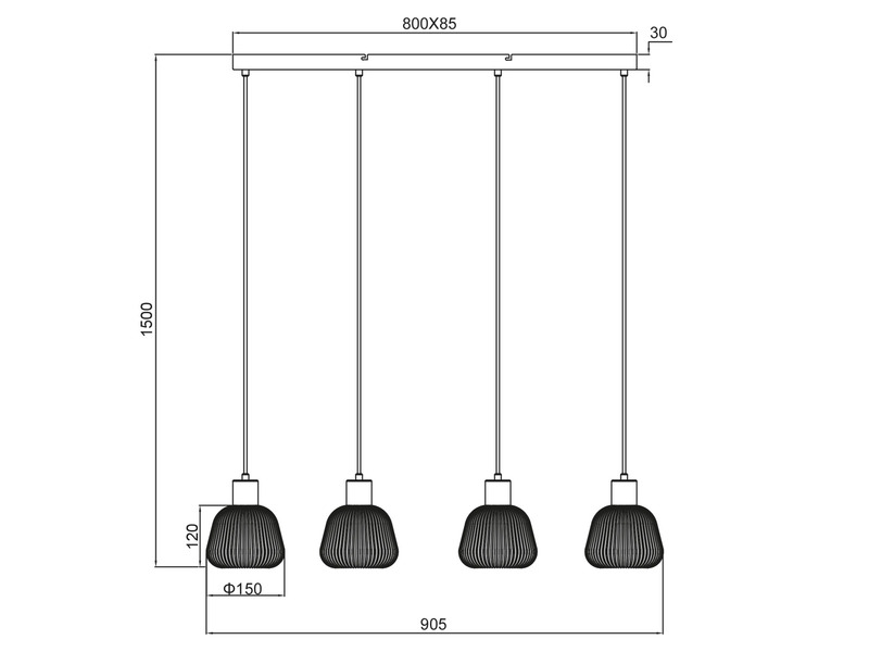 Balkenpendelleuchte TARIFA 4-flammig mit Glasschirmen Chrom bedampft, B: 90cm