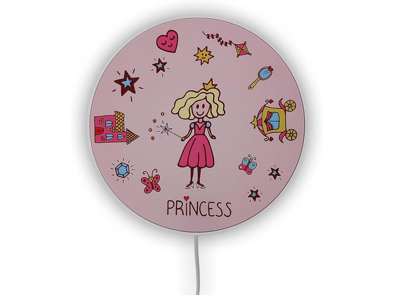 Kinderzimmer Wandlampe Rosa mit Motiv Prinzessin, Schalter & Stecker, Ø 25cm