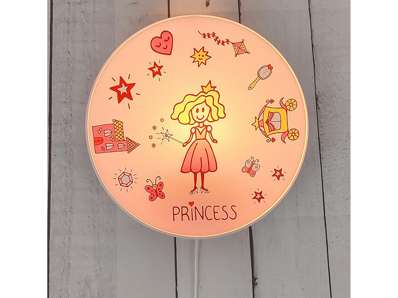 Kinderzimmer Wandlampe Rosa mit Motiv Prinzessin, Schalter & Stecker, Ø 25cm