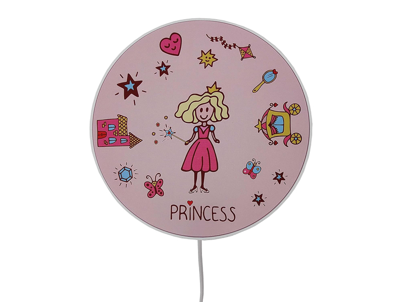 Kinderzimmer Wandlampe Rosa mit Motiv Prinzessin, Schalter & Stecker, Ø 25cm