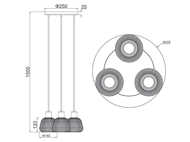 LED Cluster Pendelleuchte 3-flammig mit Glasschirmen Chrom bedampft, Ø37cm