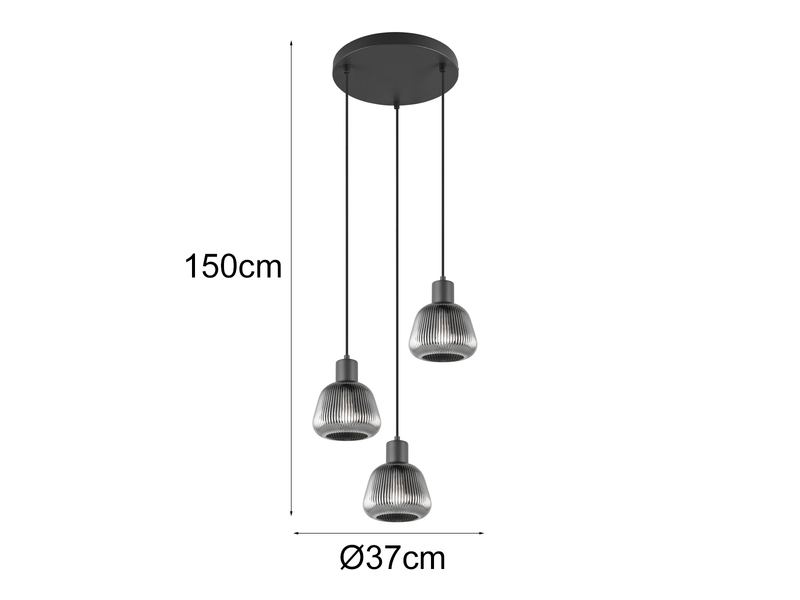 LED Cluster Pendelleuchte 3-flammig mit Glasschirmen Chrom bedampft, Ø37cm