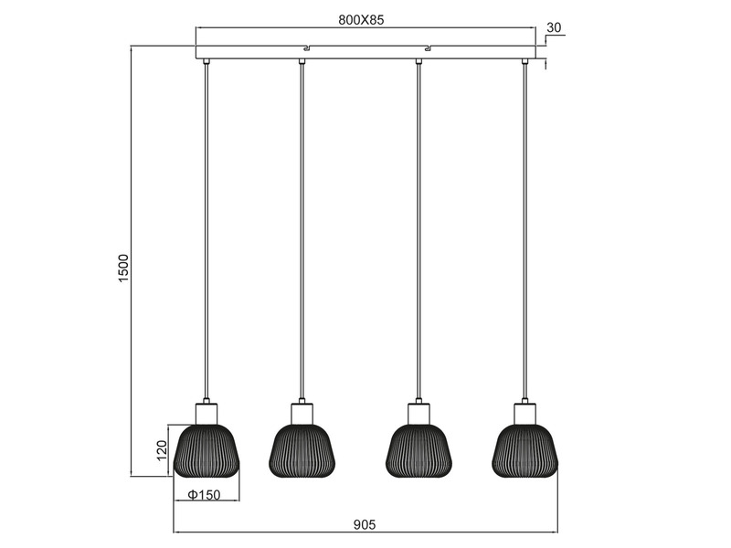 LED Balkenpendelleuchte 4-flammig mit Glasschirmen Chrom bedampft, B: 90cm