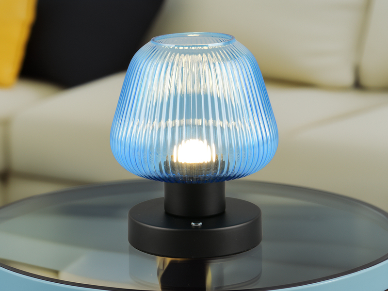 Kabellose LED Akku Tischleuchte QUENYA Glasschirm Blau, Höhe 18cm
