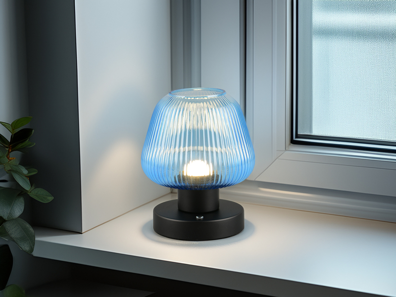 Kabellose LED Akku Tischleuchte QUENYA Glasschirm Blau, Höhe 18cm