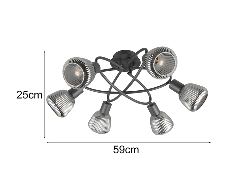 Große LED Deckenleuchte 6-flammig mit Glasschirmen Chrom bedampft, Ø59cm