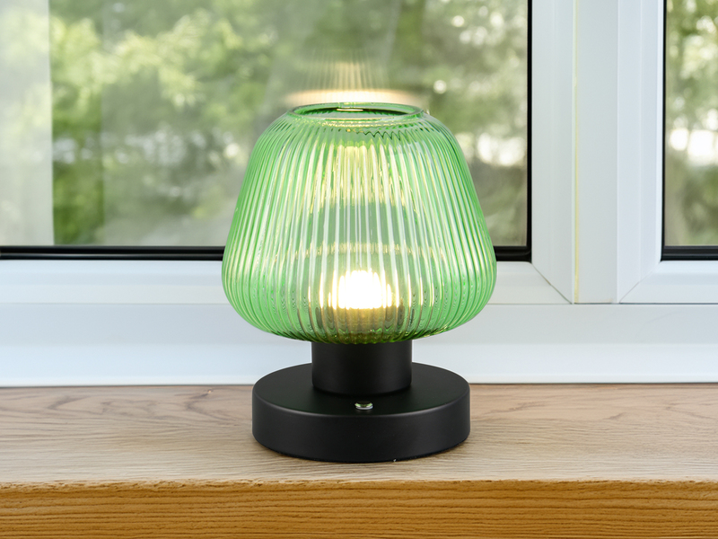 Kabellose LED Akku Tischleuchte QUENYA Glasschirm Grün, Höhe 18cm