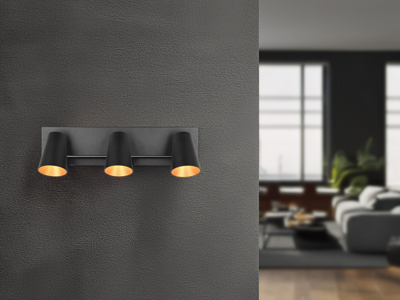 LED Deckenstrahler Schwarz Gold 3-flammig, Breite 46cm