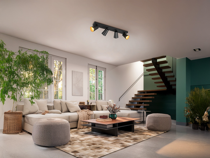 LED Deckenstrahler Schwarz Gold 4-flammig, Breite 64cm