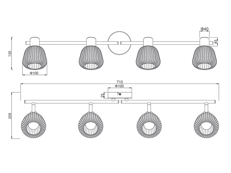 LED Deckenstrahler 4-flammig mit Glasschirmen Chrom bedampft, Breite 70cm