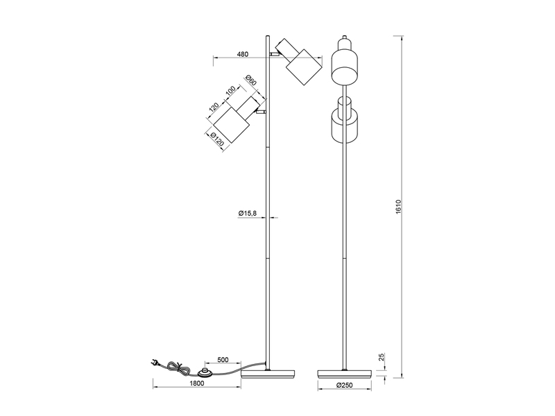 Stehleuchte aus Metall mit 2 schwenkbaren Spots Schwarz & E27 LED, Höhe 161cm
