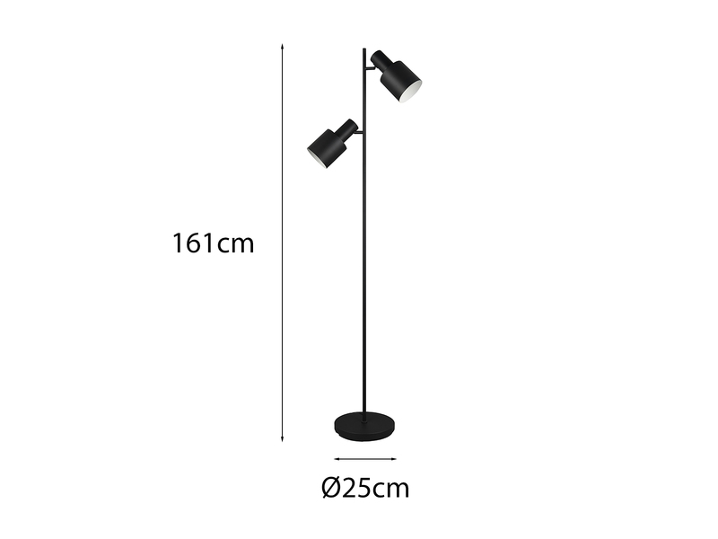 Stehleuchte aus Metall mit 2 schwenkbaren Spots Schwarz & E27 LED, Höhe 161cm