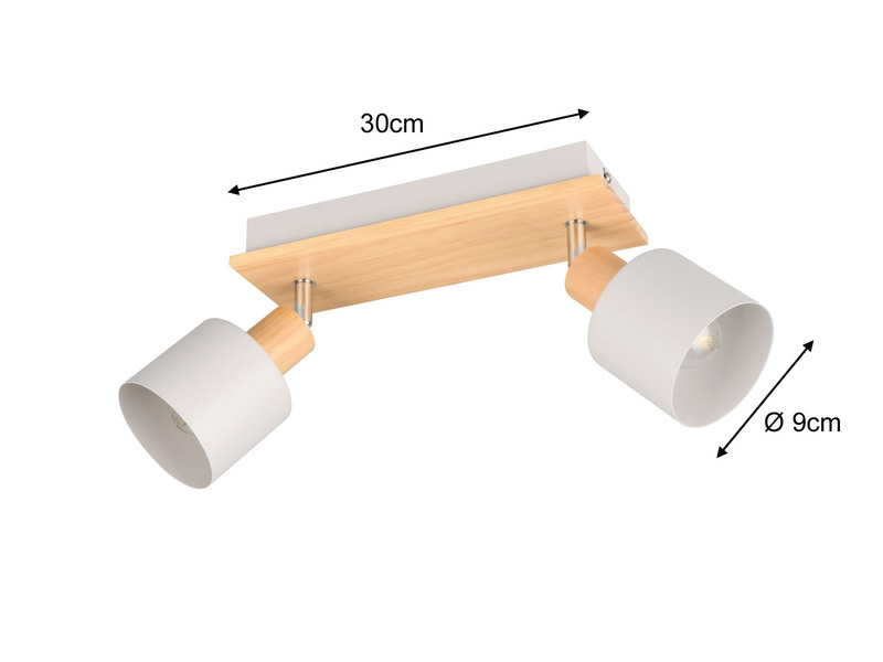 LED Deckenstrahler Hellgrau mit Holz 2-flammig, Breite 30cm