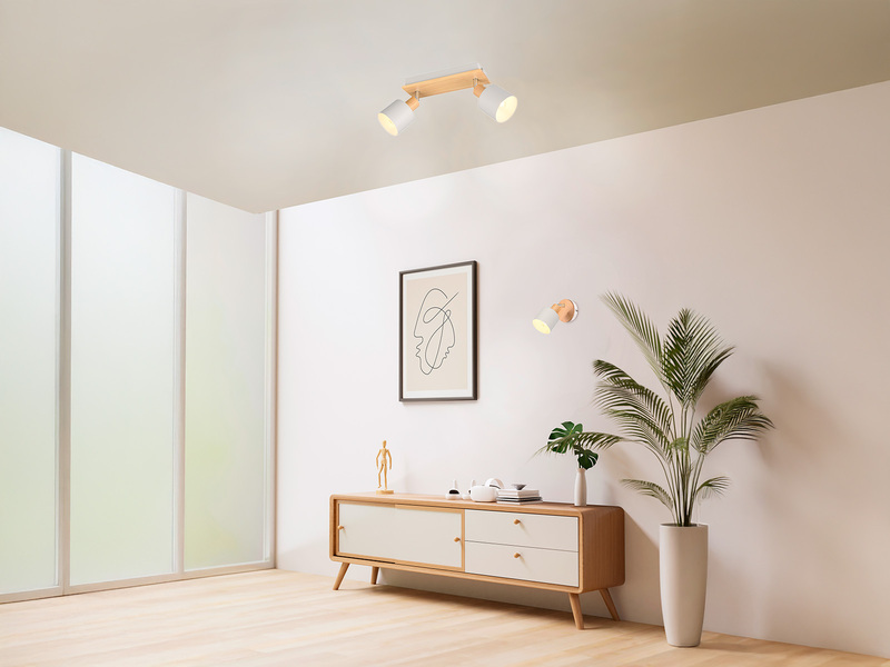LED Deckenstrahler Hellgrau mit Holz 2-flammig, Breite 30cm