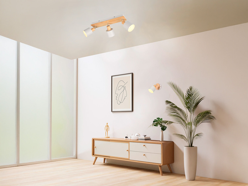 LED Deckenstrahler Hellgrau mit Holz 3-flammig, Breite 45cm