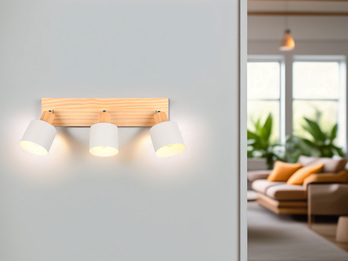 LED Wandstrahler & Deckenstrahler Hellgrau mit Holz 3flammig, Länge 45cm