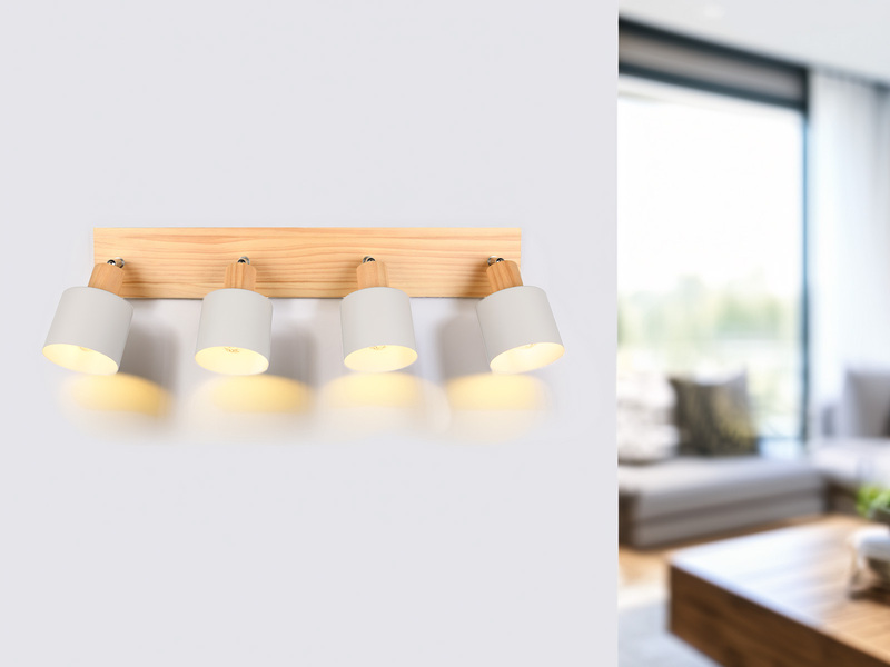 LED Wandstrahler & Deckenstrahler Hellgrau mit Holz 4flammig, 60cm lang