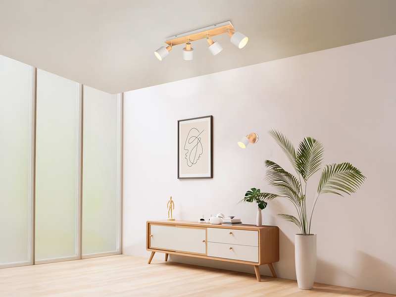 LED Deckenstrahler Hellgrau mit Holz 4-flammig, Breite 60cm