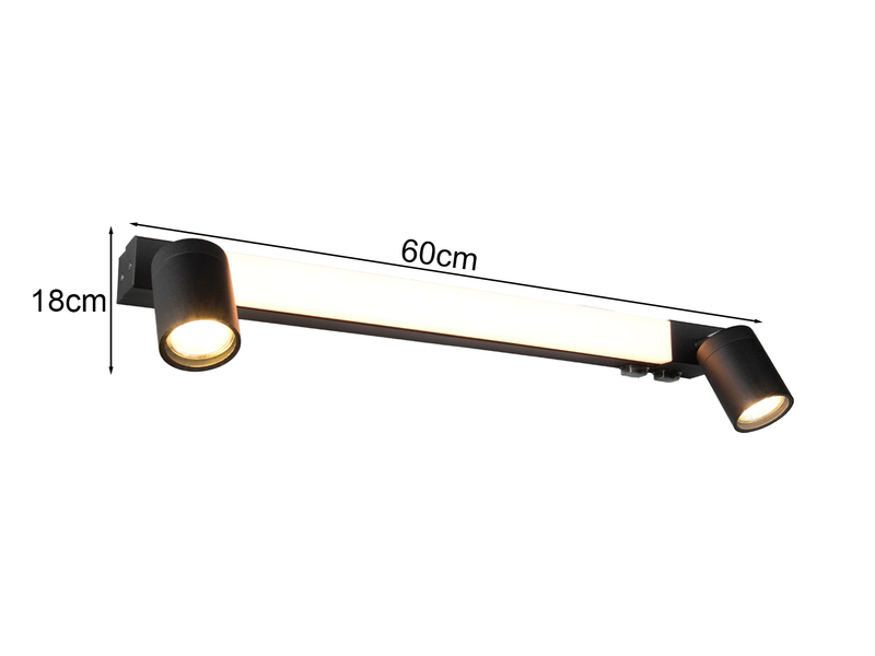 LED Bad Spiegelleuchte mit Schalter & 2 Spots Schwarz inkl. GU10 LED Breite 60cm