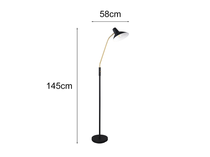 Retro LED Stehleuchte mit Flexarm, Metall Schwarz-Gold Höhe 145cm