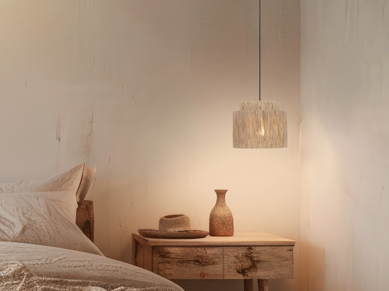 Pendelleuchte 1-flammig aus Jute Natur im Boho Stil mit E27 LED, Ø 31cm