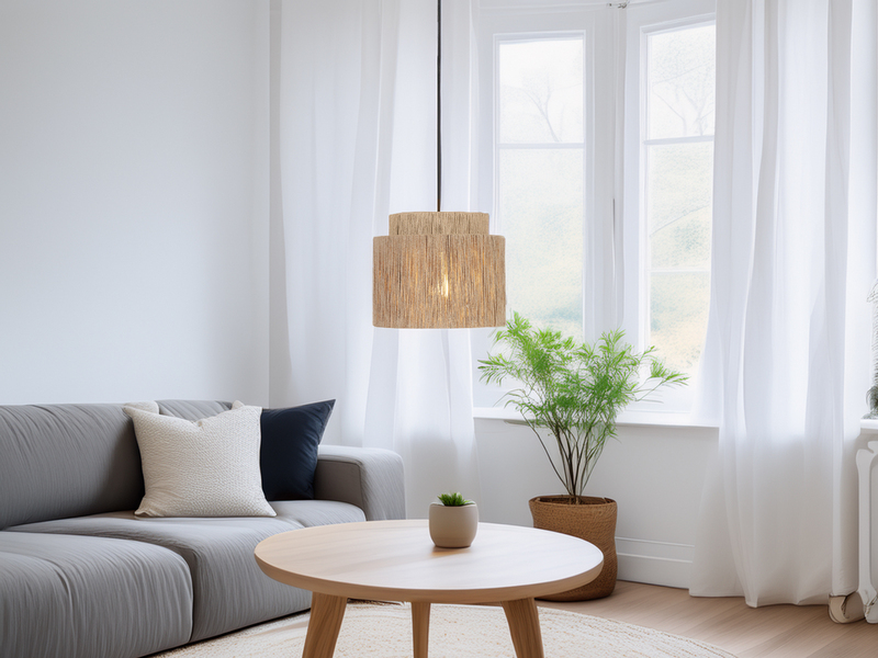 Pendelleuchte 1-flammig aus Jute Natur im Boho Stil mit E27 LED, Ø 31cm