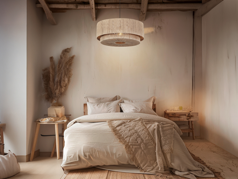 Große Pendelleuchte 1-flammig aus Jute Natur im Boho Stil mit E27 LED, Ø 60cm