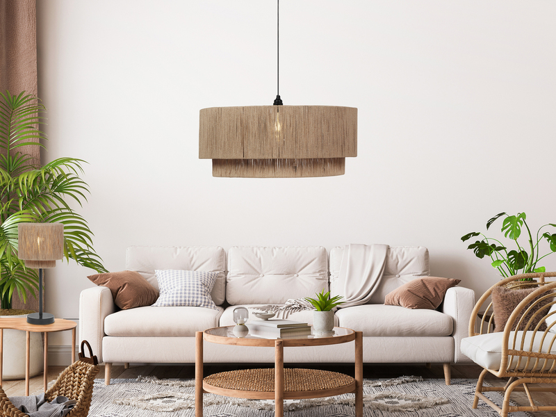 Große Pendelleuchte 1-flammig aus Jute Natur im Boho Stil mit E27 LED, Ø 60cm