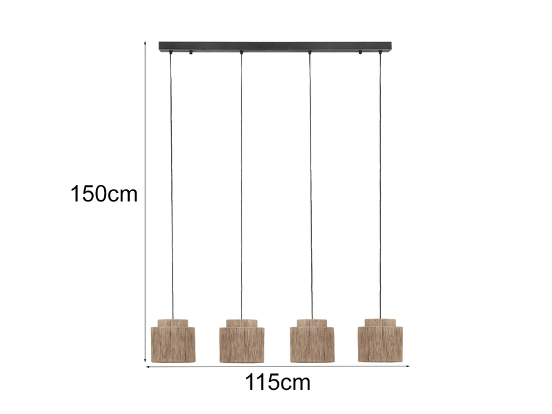 Pendelleuchte 4-flammig aus Jute Natur im Boho Stil mit E27 LED, Breite 115cm