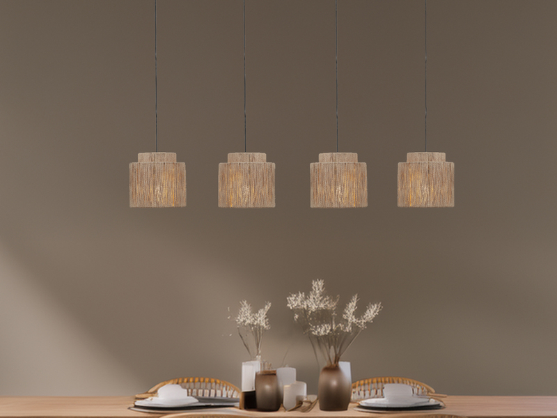 Pendelleuchte 4-flammig aus Jute Natur im Boho Stil mit E27 LED, Breite 115cm