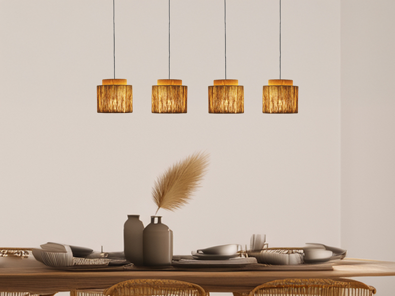 Pendelleuchte 4-flammig aus Jute Natur im Boho Stil mit E27 LED, Breite 115cm