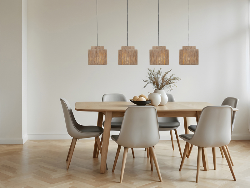 LED Balkenpendelleuchte 4-flammig aus Jute Natur im Boho Stil, Breite 115cm