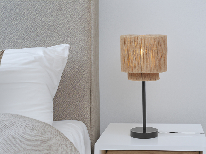 Große Tischleuchte aus Jute Natur im Boho Stil mit E27 LED, Höhe 45cm