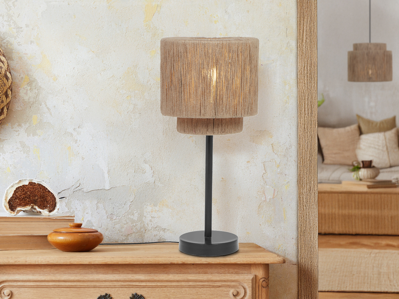 Große Tischleuchte aus Jute Natur im Boho Stil mit E27 LED, Höhe 45cm