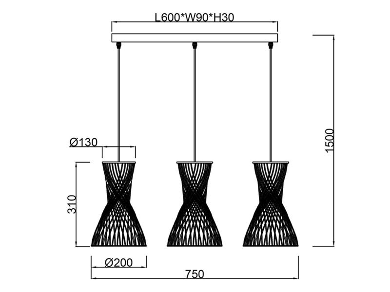 LED Balkenpendelleuchte 3-flammig mit Lampenschirmen aus Papiergarn, B: 75cm