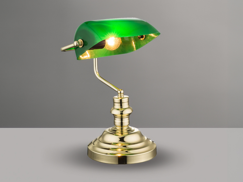 Retro LED Schreibtischleuchte Messing mit Glasschirm Grün, Höhe 36cm
