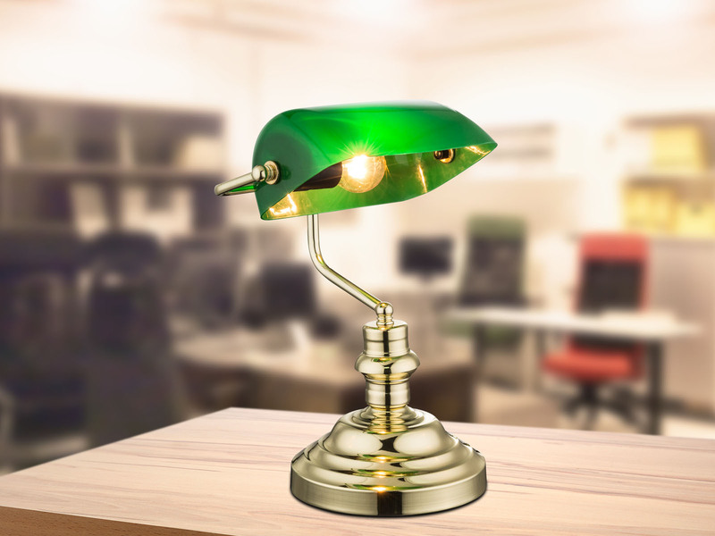 Retro LED Schreibtischleuchte Messing mit Glasschirm Grün, Höhe 36cm