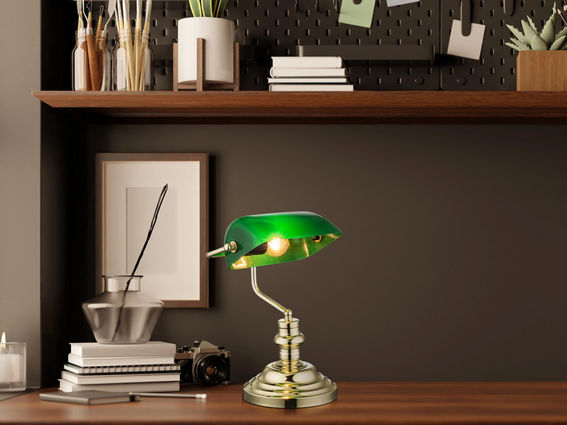 Retro LED Schreibtischleuchte Messing mit Acrylschirm Grün, Höhe 36cm