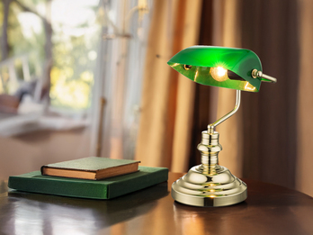 Retro LED Schreibtischleuchte Messing mit Acrylschirm Grün, Höhe 36cm
