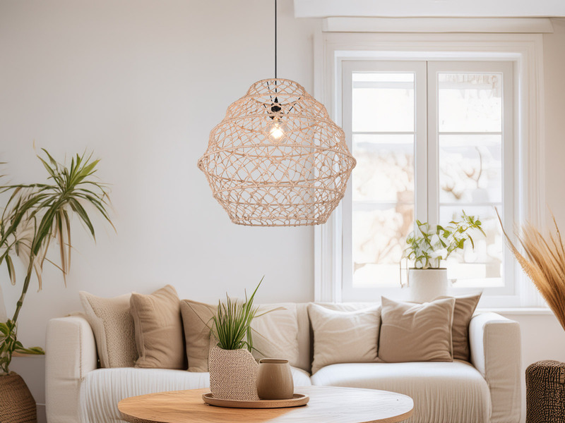 Große Boho Pendelleuchte HIVE mit Lampenschirm geflochten Hanfseil, Ø 60cm