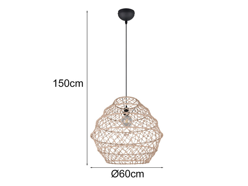 Große Boho Pendelleuchte HIVE mit Lampenschirm geflochten Hanfseil, Ø 60cm