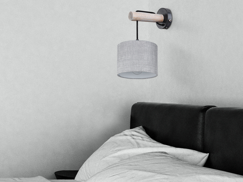 LED Wandleuchte mit Schalter, Holz und Stoffschirm Grau, Höhe 33,5cm