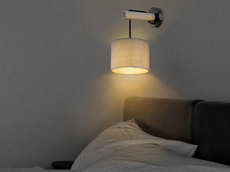 LED Wandleuchte mit Schalter, Holz und Stoffschirm Grau, Höhe 33,5cm