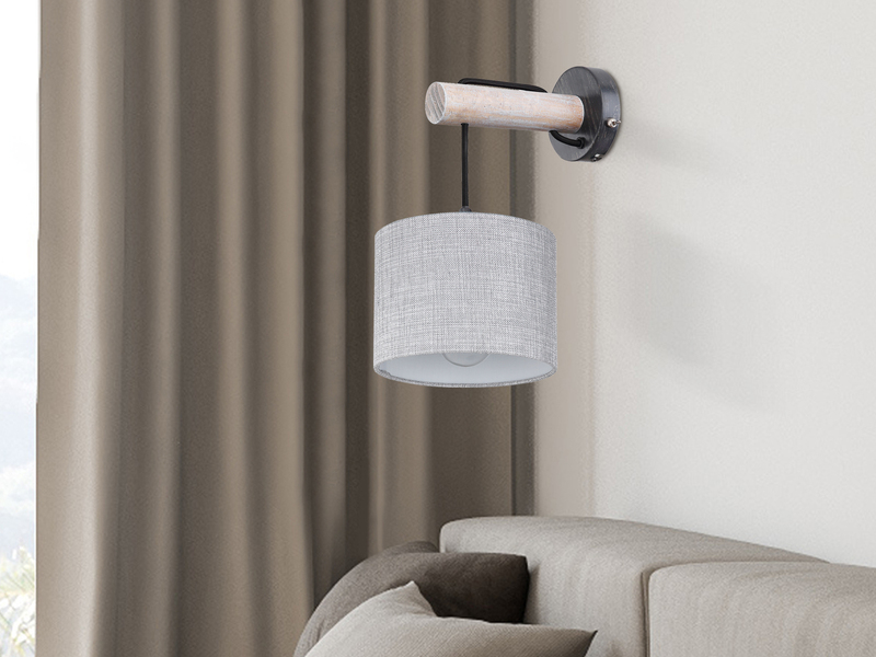 LED Wandleuchte mit Schalter, Holz und Stoffschirm Grau, Höhe 33,5cm