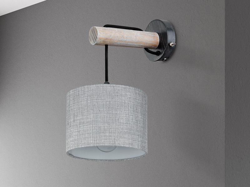LED Wandleuchte mit Schalter, Holz und Stoffschirm Grau, Höhe 33,5cm